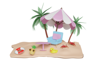 3d summer travel concept with sofa chair, palm tree, lifebuoy, seaside, pineapple, yellow duck, crab, sunglasses, beach, umbrella isolated. 3d render illustration