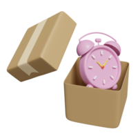 3d cartoon character alarm clock with open cardboard box isolated. fast delivery, delivery on time concept, 3d render illustration png