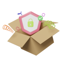 3d shield with open cardboard box, check mark isolated. fast delivery, protection, product warranty concept, 3d render illustration png