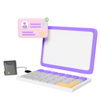 Computadora portátil púrpura 3d con lector de tarjetas inteligentes, lector de tarjetas usb externo, tarjeta de identificación, icono wifi aislado. ilustración de procesamiento 3d png