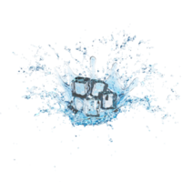 3d ice cubes with water splash transparent, clear blue water scattered around isolated. 3d render illustration png