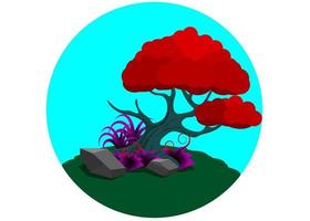 Fantasy ancient sacred red leaf tree jungle cartoon isolated circle vector