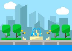Beautiful Flat Design Cartoon city skyscraper and park with lake and fountain vector