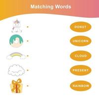 Matching words for Preschool. Worksheet for learning English. Educational activity. Educational printable math worksheet. vector