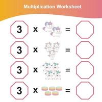 Hoja de trabajo de multiplicación para niños. hoja de trabajo de matemáticas preescolar. hoja de trabajo de matemáticas para imprimir. vector