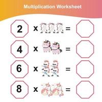 Hoja de trabajo de multiplicación para niños. hoja de trabajo de matemáticas preescolar. hoja de trabajo de matemáticas para imprimir. vector