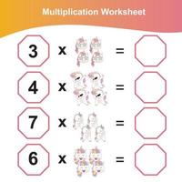 Hoja de trabajo de multiplicación para niños. hoja de trabajo de matemáticas preescolar. hoja de trabajo de matemáticas para imprimir. vector