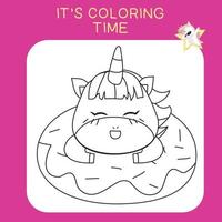 Unicorn coloring worksheet page. Coloring activity for children. Cute unicorn illustration. Vector outline for coloring.