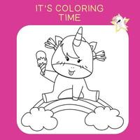 Unicorn coloring worksheet page. Coloring activity for children. Cute unicorn illustration. Vector outline for coloring.