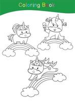 Unicorn coloring worksheet page. Coloring activity for children. Cute unicorn illustration. Vector outline for coloring.