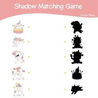 Unicorn matching shadow game for Preschool Children. Educational printable worksheet. Matching the images with the shadow worksheet. Motoric movements. vector