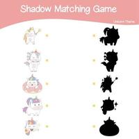 Unicorn matching shadow game for Preschool Children. Educational printable worksheet. Matching the images with the shadow worksheet. Motoric movements. vector