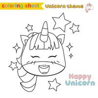 Unicorn coloring worksheet page. Coloring activity for children. Cute unicorn illustration. Vector outline for coloring.