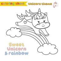 Unicorn coloring worksheet page. Coloring activity for children. Cute unicorn illustration. Vector outline for coloring.