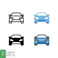 Car front icon in different style. Colored and black color car front view vector icons designed in filled outline, line, glyph and solid style. Vector illustration isolated on white background. EPS 10