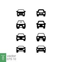 conjunto de iconos de glifo delantero del coche. símbolo de signo de estilo sólido simple. auto, vista, deporte, carrera, concepto de transporte. colección de ilustraciones vectoriales aisladas sobre fondo blanco. eps 10. vector