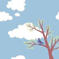 Square vector illustration with a bird sitting on a tree, blue sky and clouds