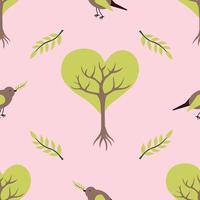 Vector minimalistic seamless pattern with stylized trees and birds on pale pink. Suitable for web pages, social media, apps, cards, textile or paper prints