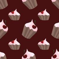 Vector seamless pattern with cute cupcakes on dark red background. Suitable for apps, web pages, social media, cards, templates, Valentine's day cards, invitations, textile or paper prints etc