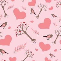 Vector minimalistic seamless pattern with stylized trees, hearts and birds on light pink. Suitable for web pages, social media, apps, cards, textile or paper prints