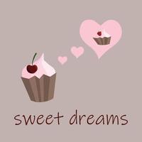 Square vector illustration with cupcakes and text Sweet dreams. Can be used as a Valentine's day card, tag, invitation, social media template, print. Minimalistic style, pastel colors.