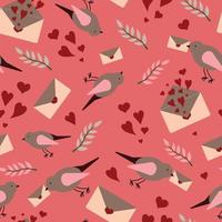 Vector seamless pattern with birds, hearts and love letters on pink. Suitable for apps, web pages, social media, cards, templates, Valentine's day cards, invitations, textile or paper prints.