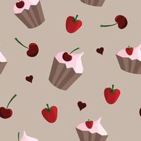 Vector seamless pattern with cute cupcakes, strawberries and cherries on biege. Suitable for apps, web pages, social media templates, Valentine's day cards, invitations, textile or paper prints etc