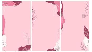 Set of editable pink backgrounds wist flower and hearts for social media stories. Vector pattern. Template for networks