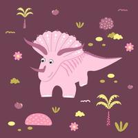 Cute pink dinosaur drawn in children's style with decorative elements. Triceratops for printing on kids things. Trendy vector drawing style