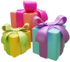 Cajas de regalo de renderizado 3d con lazos de colores para ilustración de cumpleaños y fiesta de navidad png