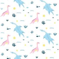 Seamless background with plesiosaur dinosaurs in cartoon style. Backdrop for children's things vector