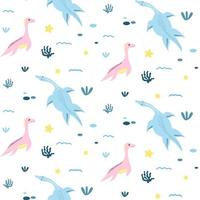 Seamless background with plesiosaur dinosaurs in cartoon style. Backdrop for children's things vector