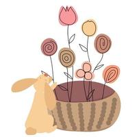 stylized rabbit and flowers in a basket drawn in boho style on a white background. vector