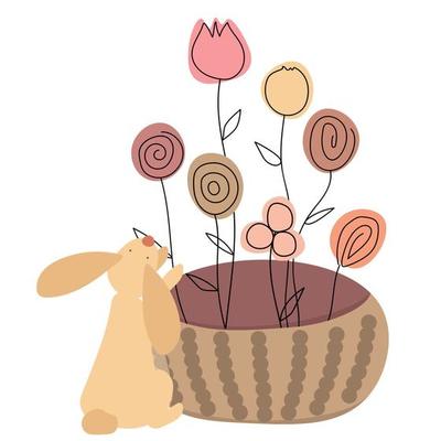 stylized rabbit and flowers in a basket drawn in boho style on a white background.