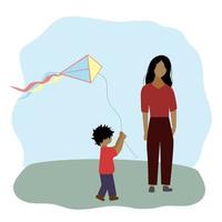 A nanny with a child is flying a kite. Brother and sister play outdoors. Mom with a child in the park vector