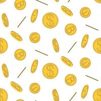 Seamless background with scattered dollar, euro and bitcoin coins. Money pattern vector