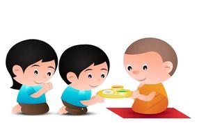 couple give food to monk cartoon version vector