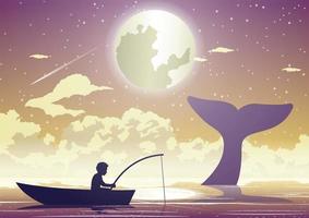 People avtivity and life scene of tha boy is sitting to fishing on boat while whale tail over sea surface vector