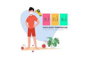 verifique la temperatura corporal antes de ingresar al área pública para luchar contra el coronavirus en estilo plano, estrategia covid-19 vector