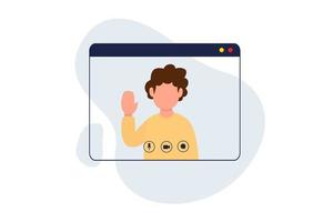 Male character using a video call interface, remote online meeting, social distancing, working from home vector