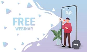 Free webinar, megaphone no smartphone screen. Can be used for business concept. Vector stock illustration.