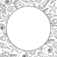 Round seashells frame. Sea and ocean design template. Vector illustration