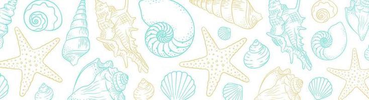 fondo de banner horizontal de horario de verano. colección de estrellas y conchas marinas dibujadas a mano. ilustración marina de mariscos del océano vector