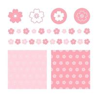 Japanese cherry blossom simple icons, borders, seamless pattern background. Marketing branding design elements vector illustration collection