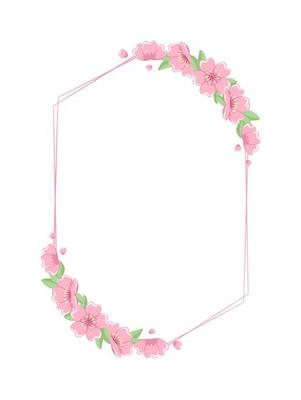 Cherry Blossom Frames. Vertical Hexagon Geometric Floral Border.