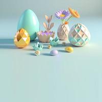 feliz fondo de pascua con huevos de pascua 3d y flor para promoción foto