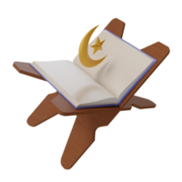 3d render illustration of al-quran with moon and star icon for decoration greeting card of ramadan and eid al fitr png