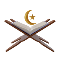 Illustration de rendu 3d d'al-quran avec l'icône de la lune et de l'étoile pour la décoration carte de voeux du ramadan et de l'aïd al fitr png