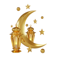 3d renderen illustratie van voor de helft maan, ster en oud Arabisch lantaarn in gouden kleur voor decoratie groet maand van Ramadan en eid mubarak png