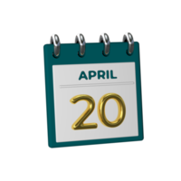 Monthly Calendar 20 April 3D Rendering png